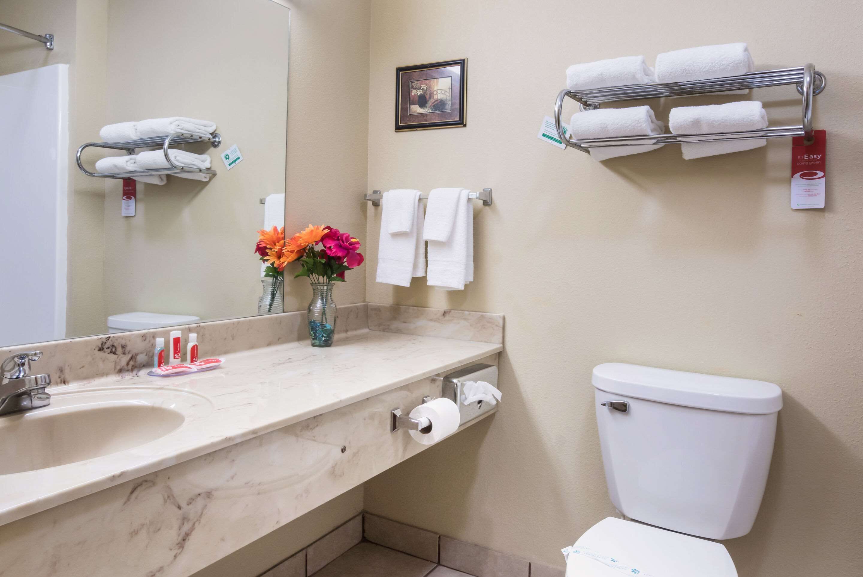 A bathroom with a sink, mirror, toilet, towel rack, and a framed picture on the wall.