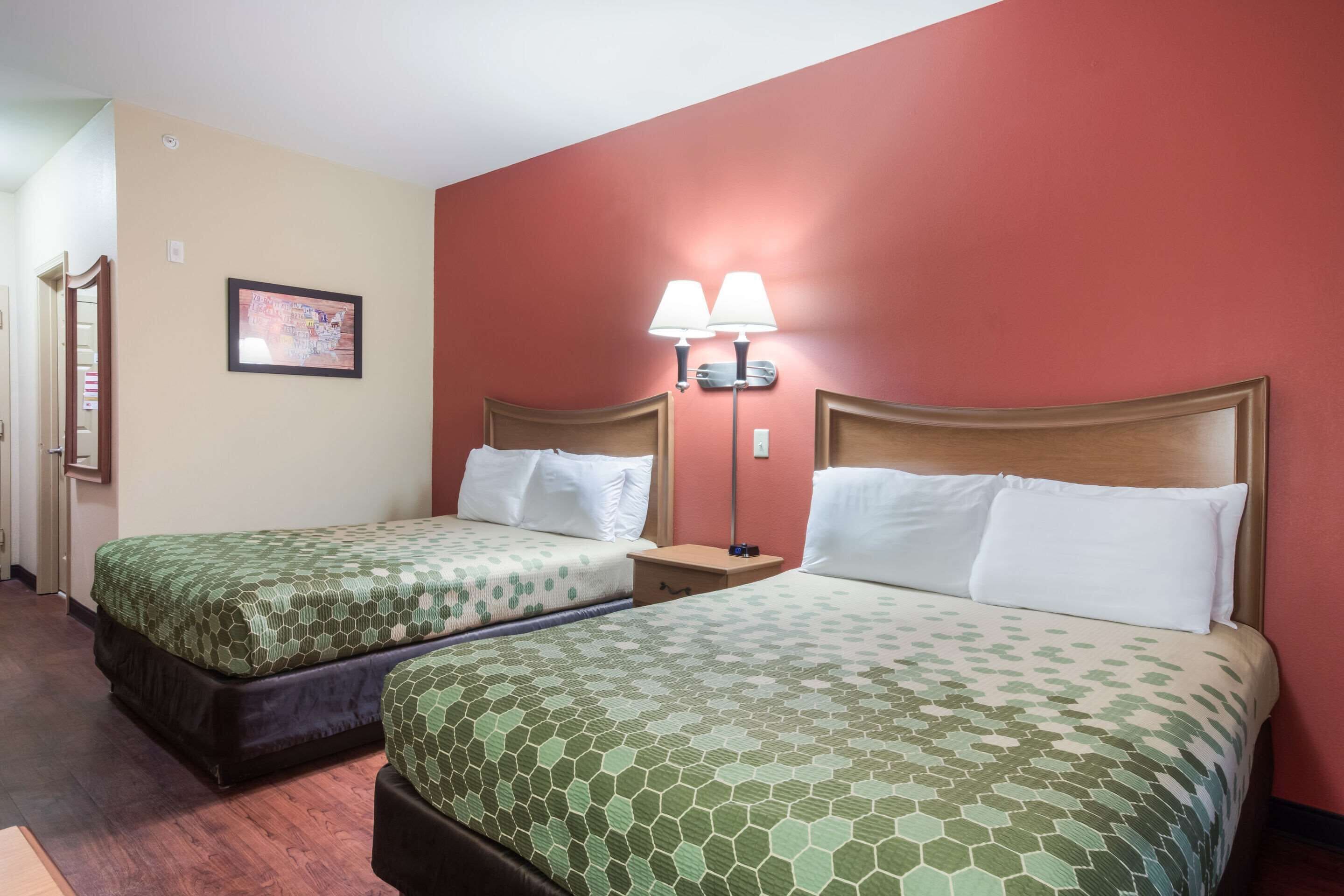 Two twin beds with green patterned bedding, a nightstand with a lamp, and a framed picture on the wall.