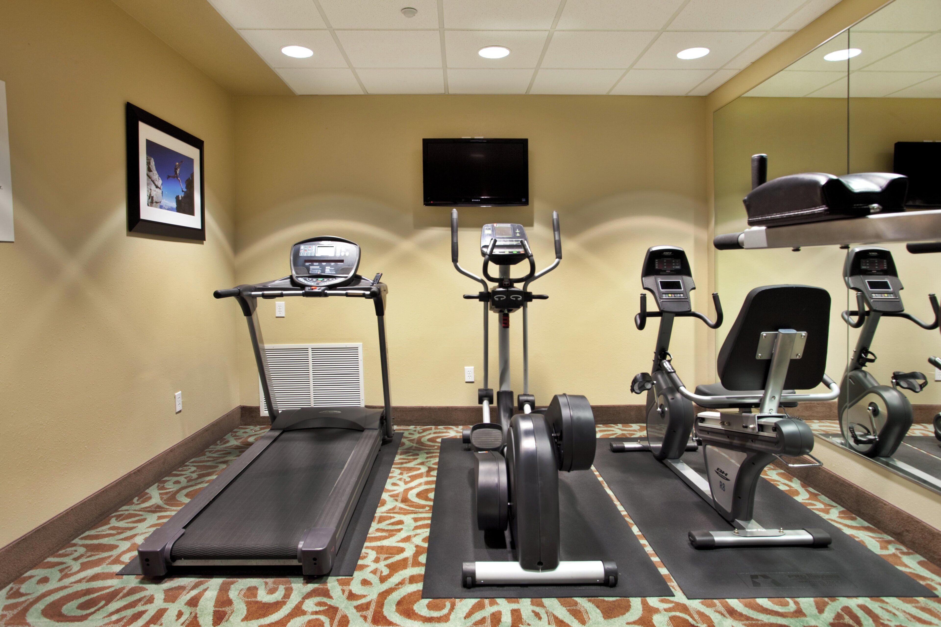 Un gimnasio equipado con cintas de correr, elípticas y un televisor en la pared.