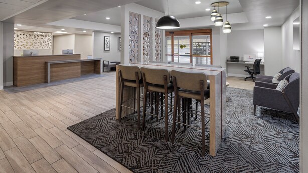 Un espacio de oficina moderno con mostrador de recepción, una zona de bar con taburetes, un sofá y una alfombra estampada.