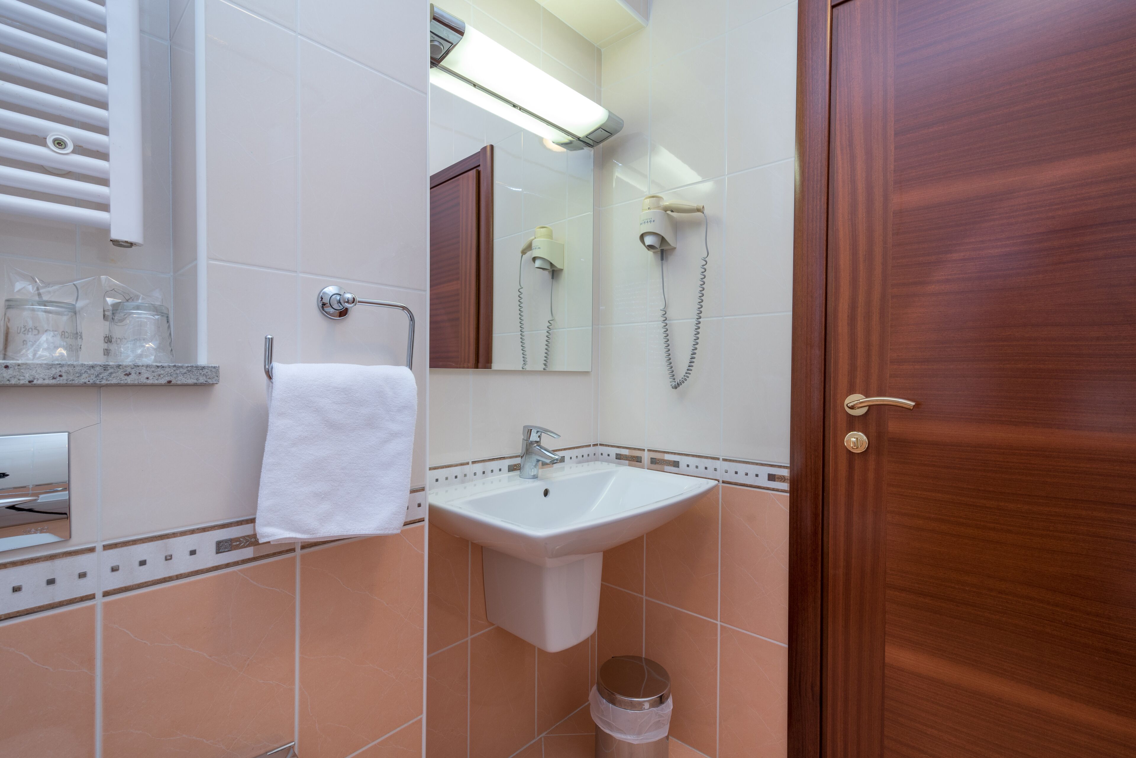 A bathroom with a sink, mirror, towel rack, and a wooden door.