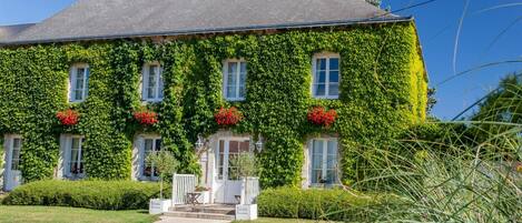 A house with ivy-covered walls, a front porch, and a clear blue sky.