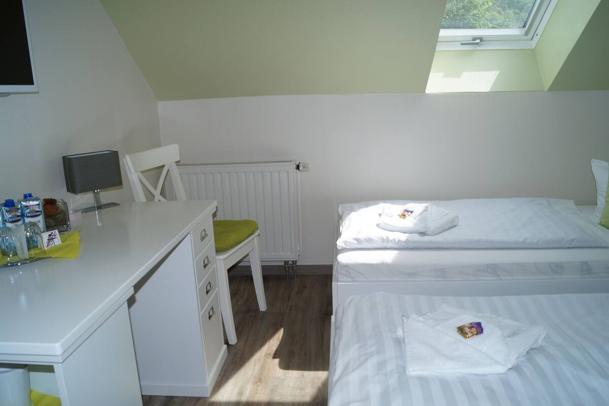 A room with a desk, two beds, a chair, a radiator, and a window.