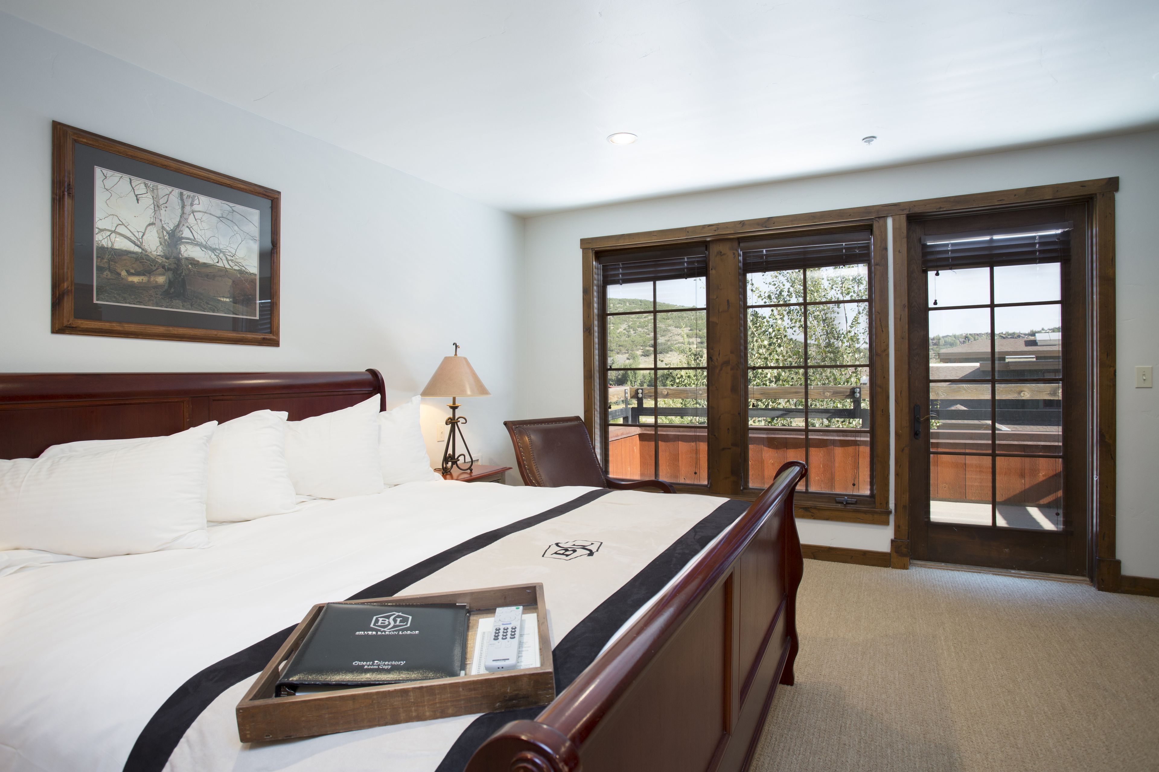 A hotel room with a large bed, a wooden headboard, a framed picture on the wall, a desk with a lamp, and a view of the outdoors through a sliding glass door.
