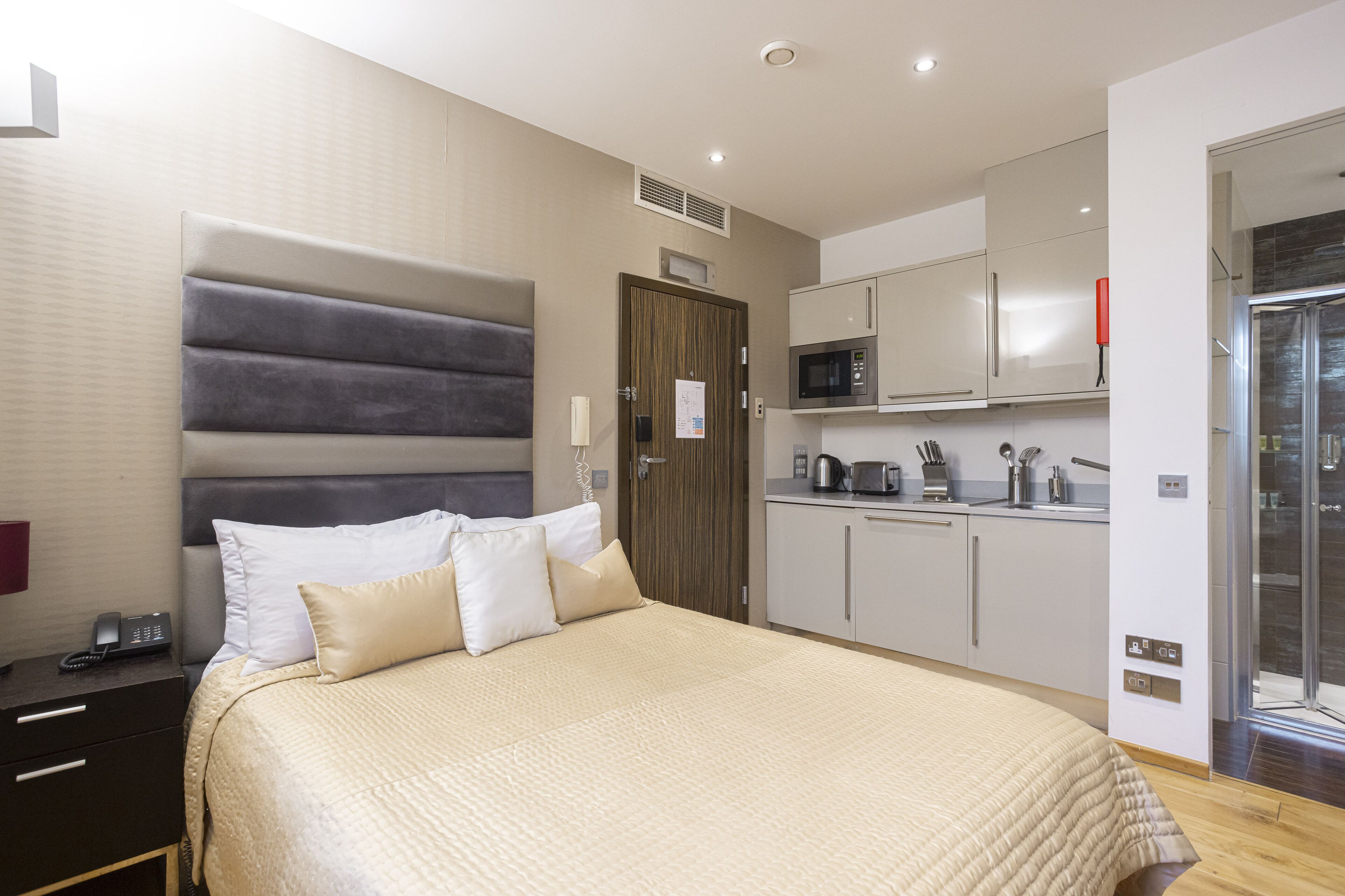 A modern hotel room with a large bed, a kitchenette, and a shower area.