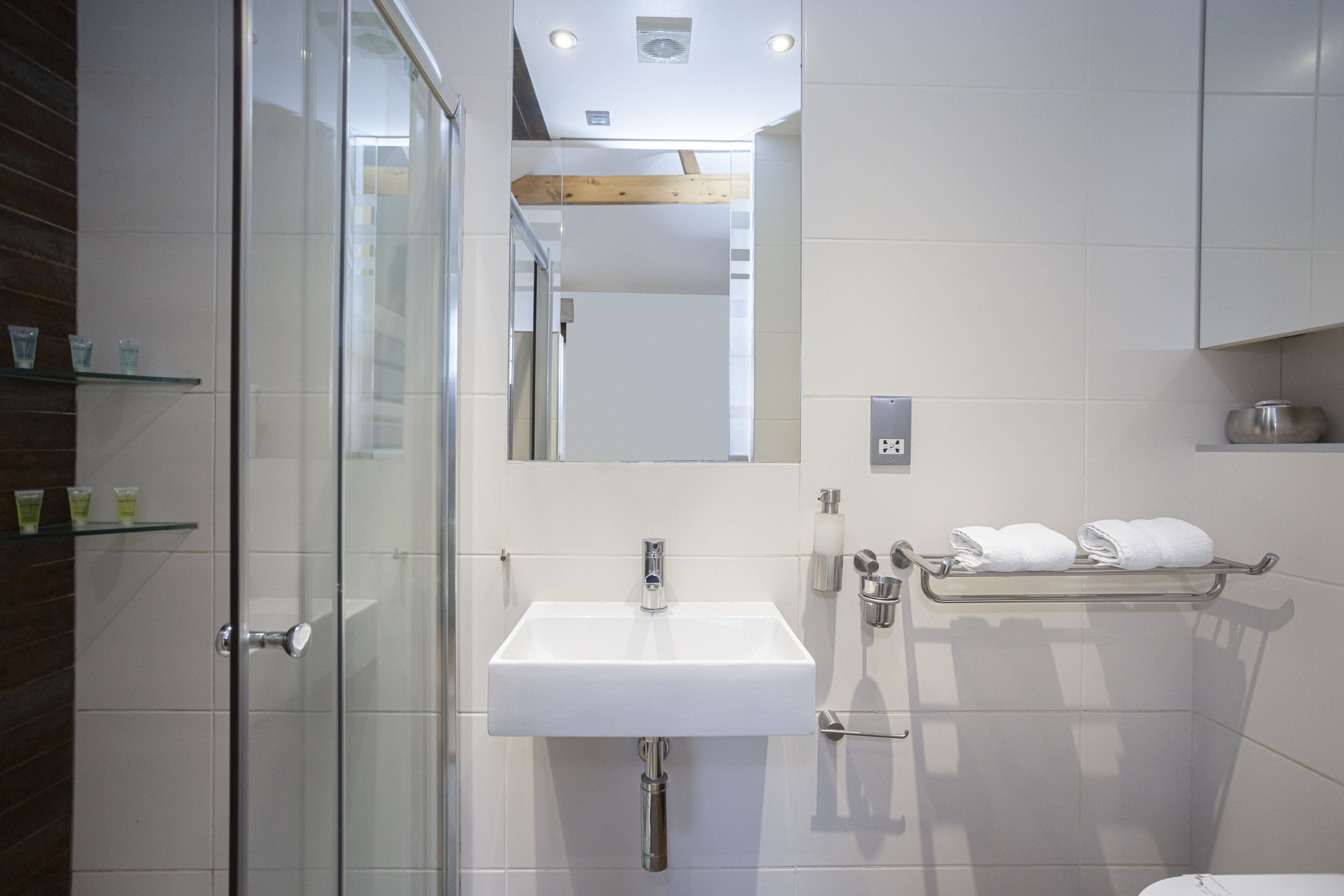 A modern bathroom with a glass shower enclosure, a white sink, and a mirror above it.