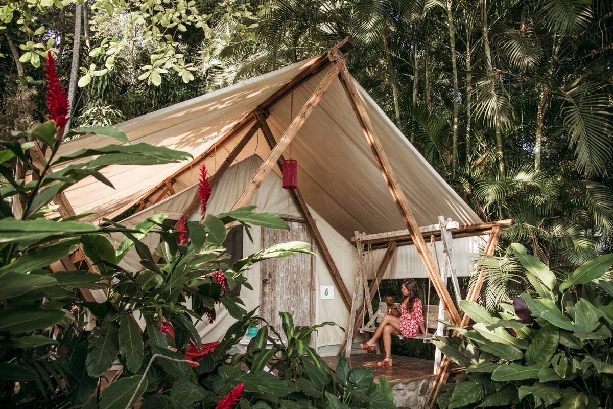 A rustic tent with a wooden frame and canvas walls, surrounded by lush tropical vegetation.