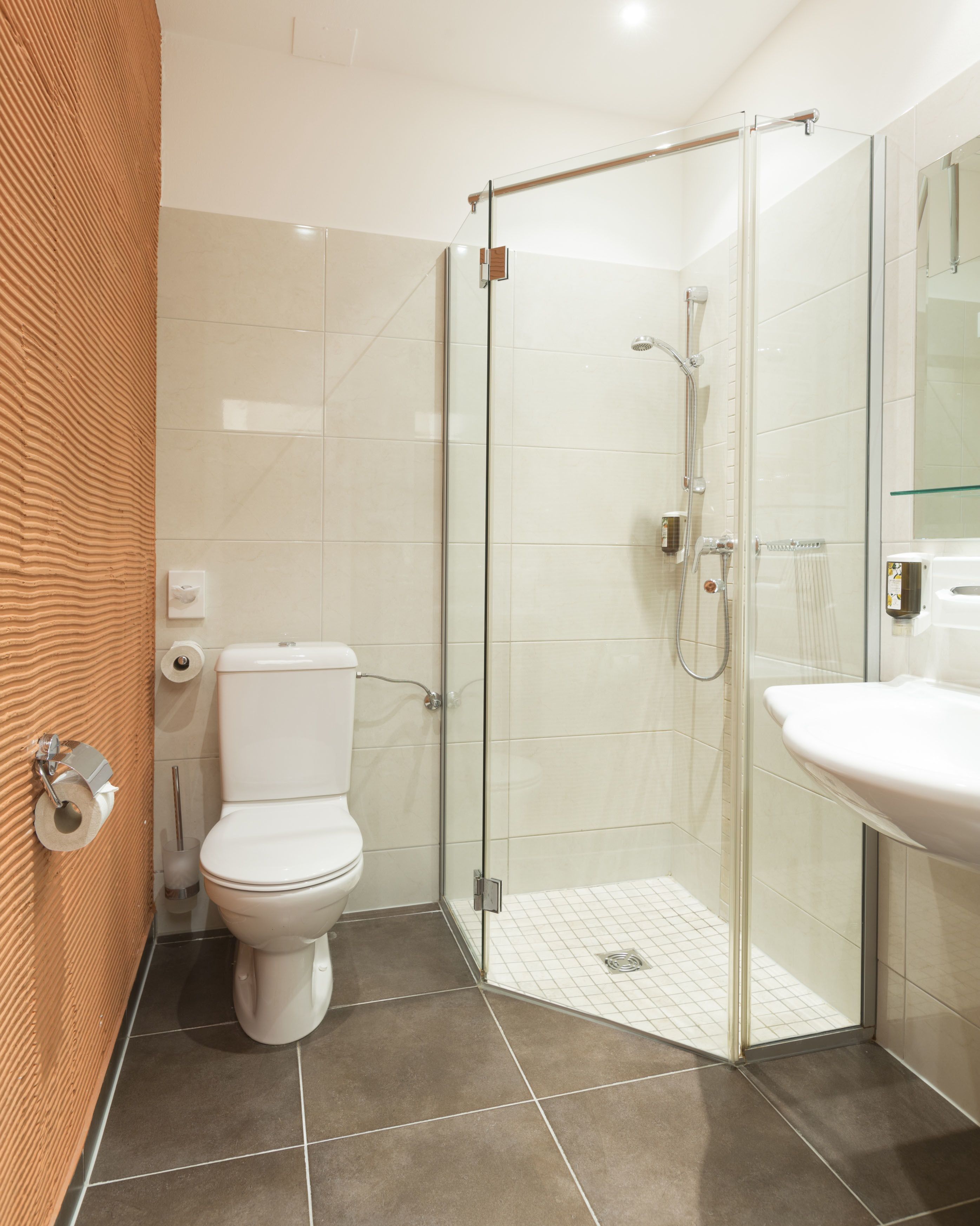 Un bany modern amb dutxa envidriada, vàter blanc i un lavabo.
