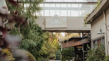 A hotel entrance with a glass canopy, potted plants, and a pathway leading to the building.