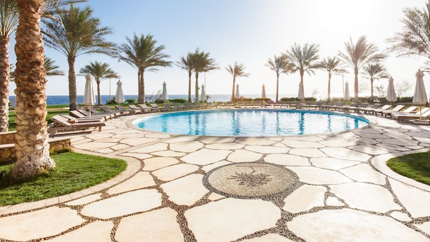 A pool area with a circular pool, lounge chairs, palm trees, and a clear sky. - Dahab Paradise (Dahab)
