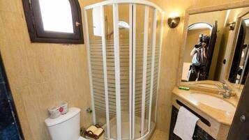 A bathroom with a shower enclosure, toilet, sink, and a mirror.