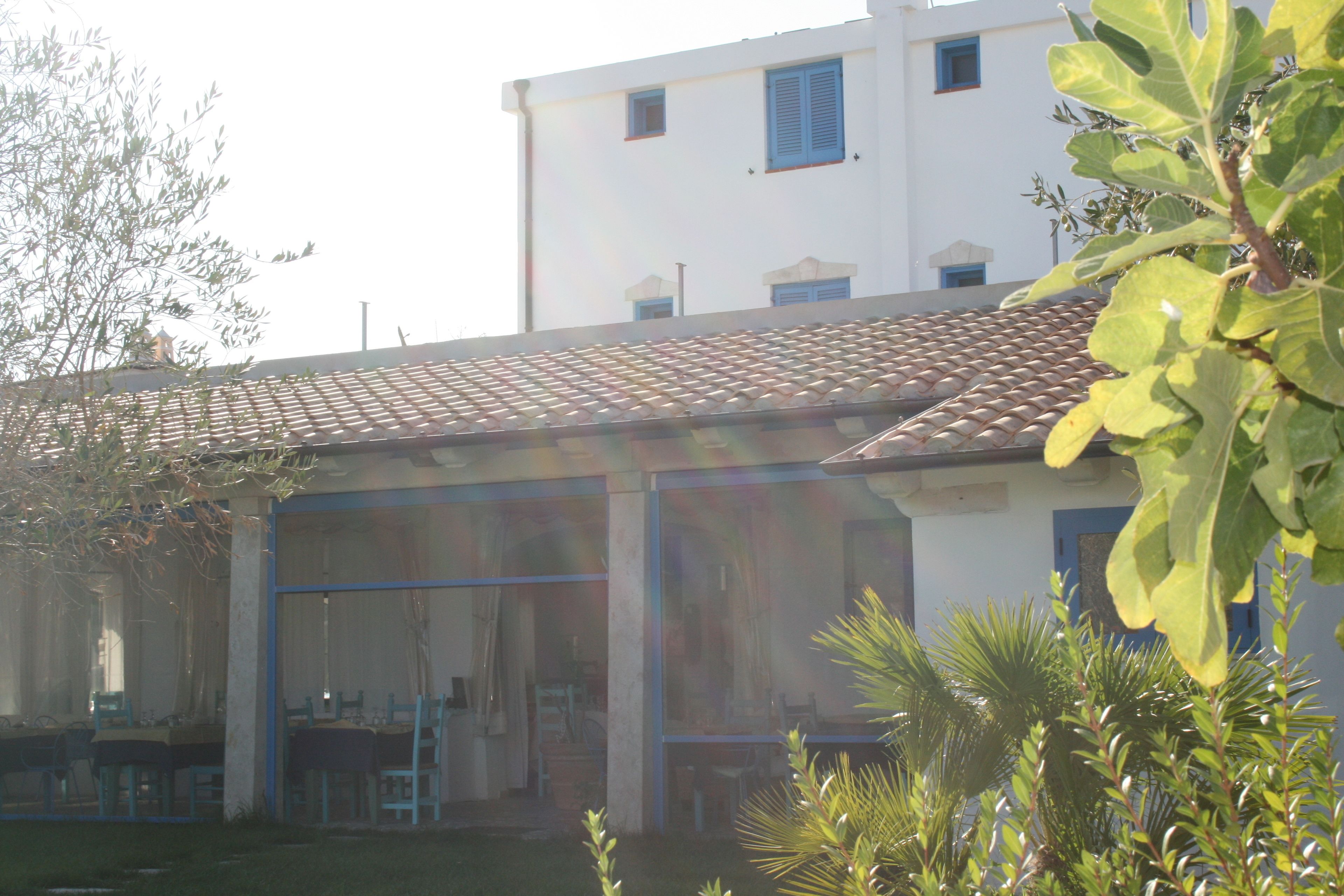 A building with a tiled roof, large glass doors, and a garden with various plants.