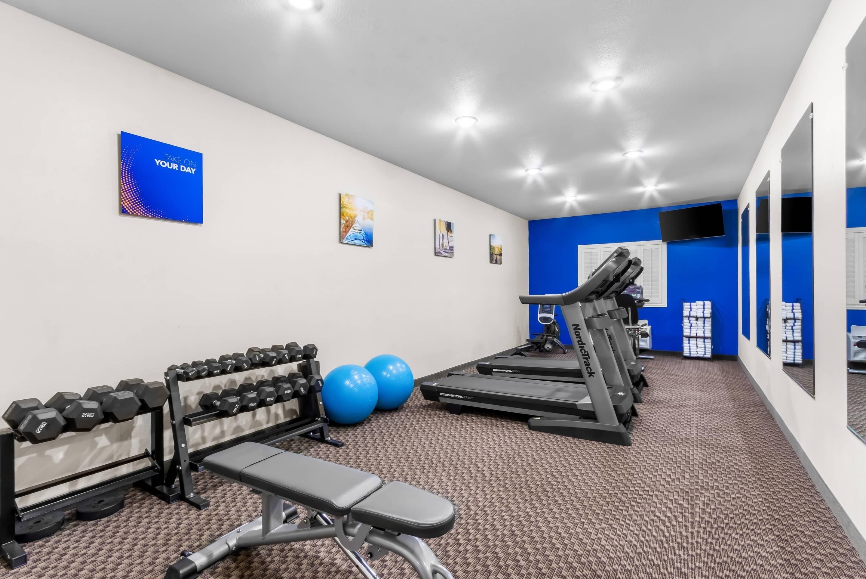 A gym with dumbbells, exercise balls, treadmills, and a bench.