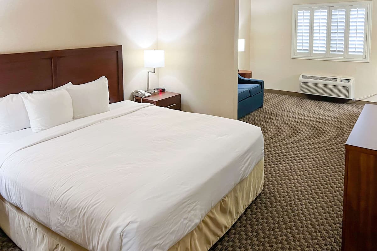 A hotel room with a large bed, a bedside table with a lamp, a chair, a window with blinds, and a wall-mounted air conditioner.