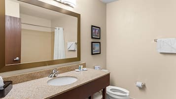 A bathroom with a granite countertop sink, a large mirror, a toilet, and two framed pictures on the wall.