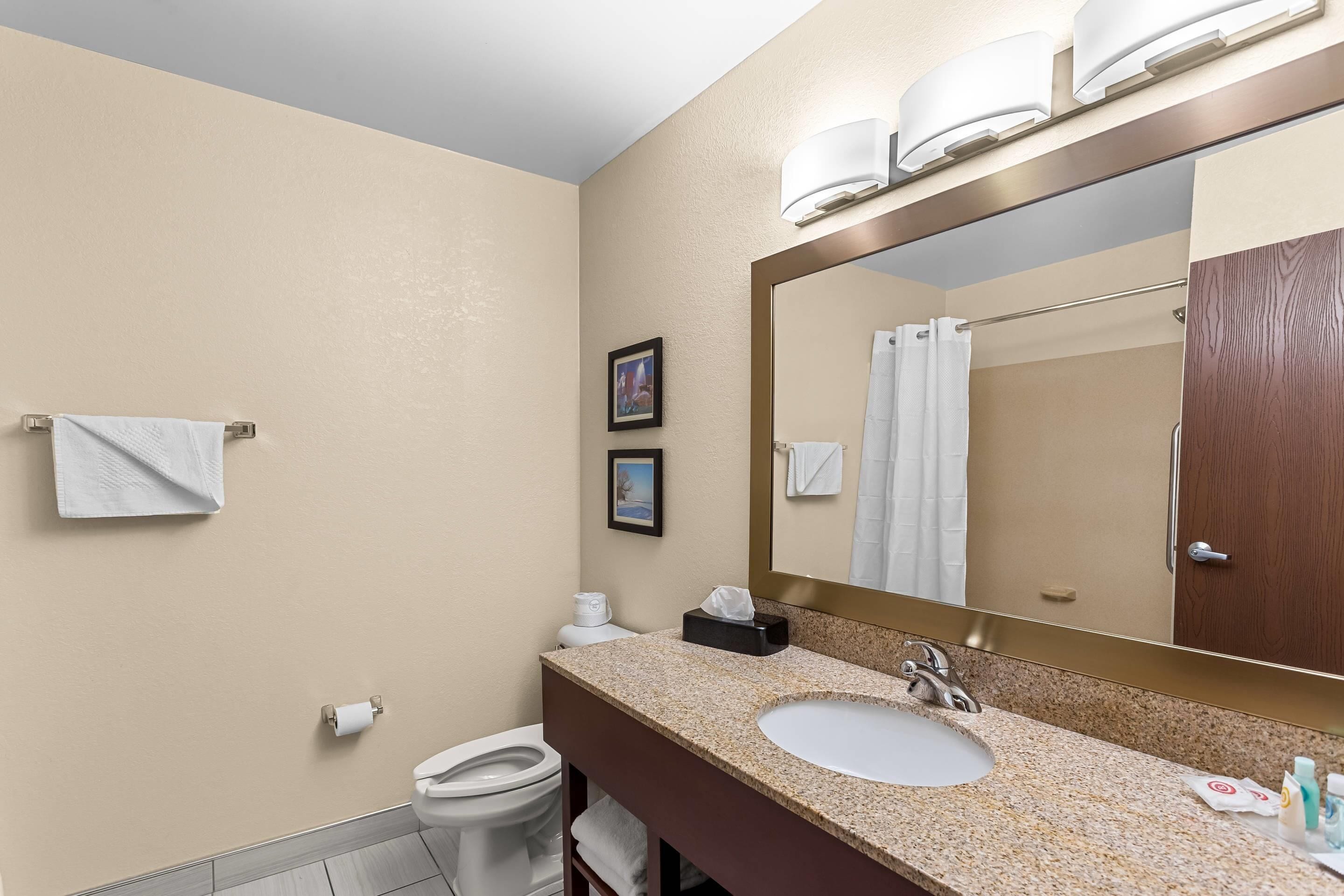 A bathroom with a sink, mirror, towel rack, toilet, and a framed picture on the wall.