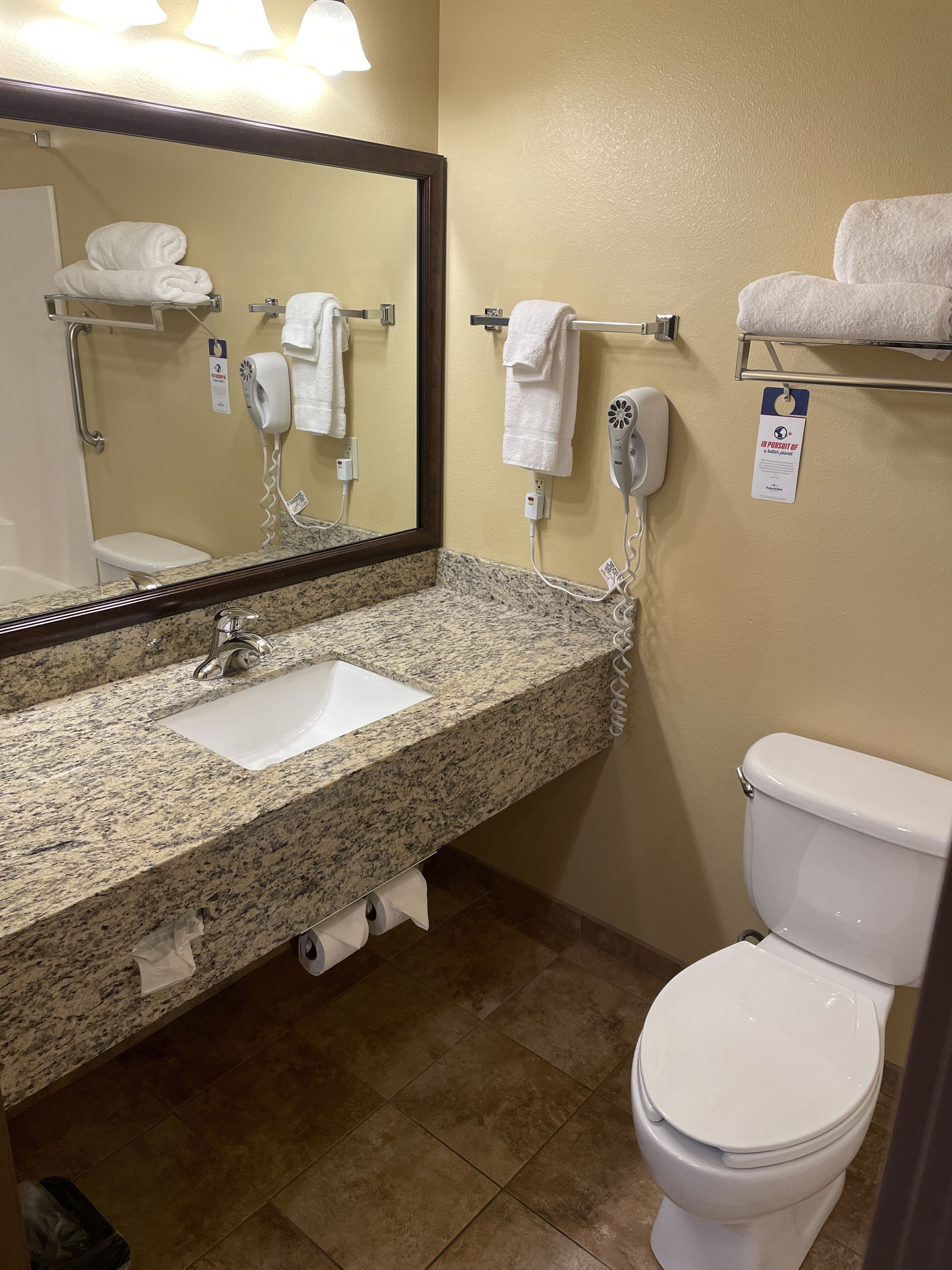 A bathroom with a granite countertop sink, a mirror, a toilet, and towel racks.