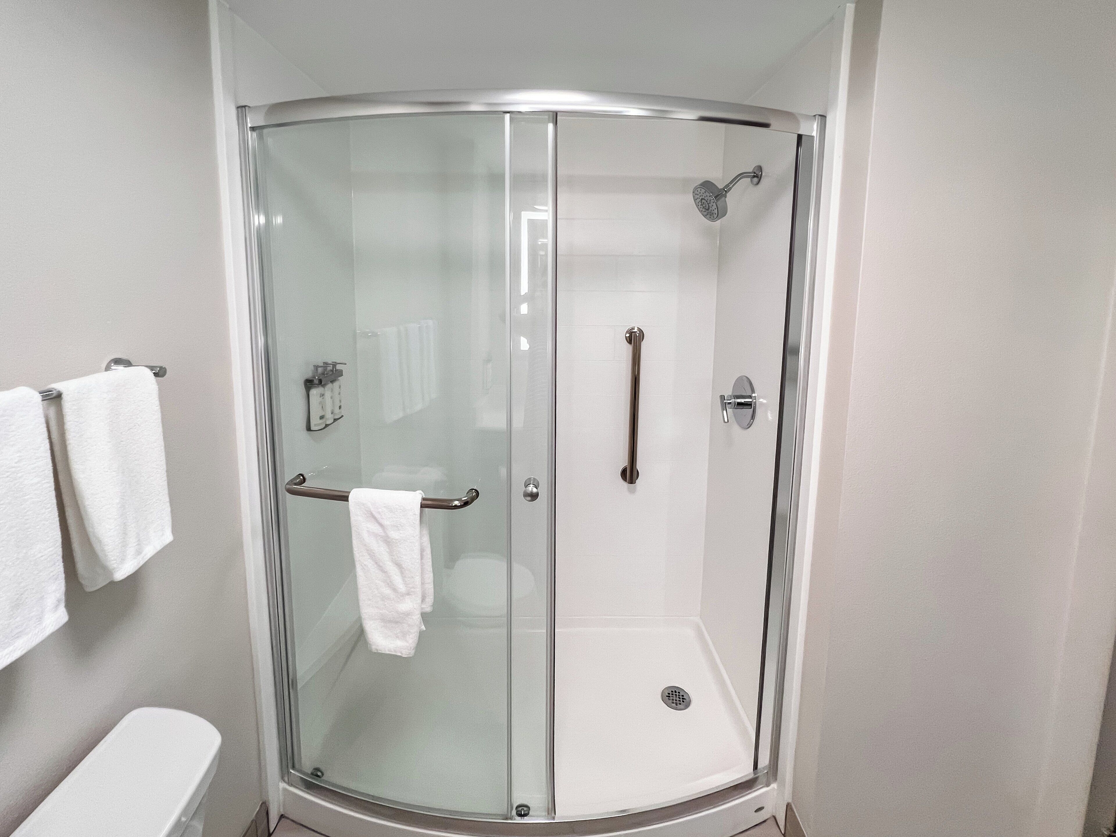 A glass-enclosed shower with a handheld showerhead and a handheld grab bar.
