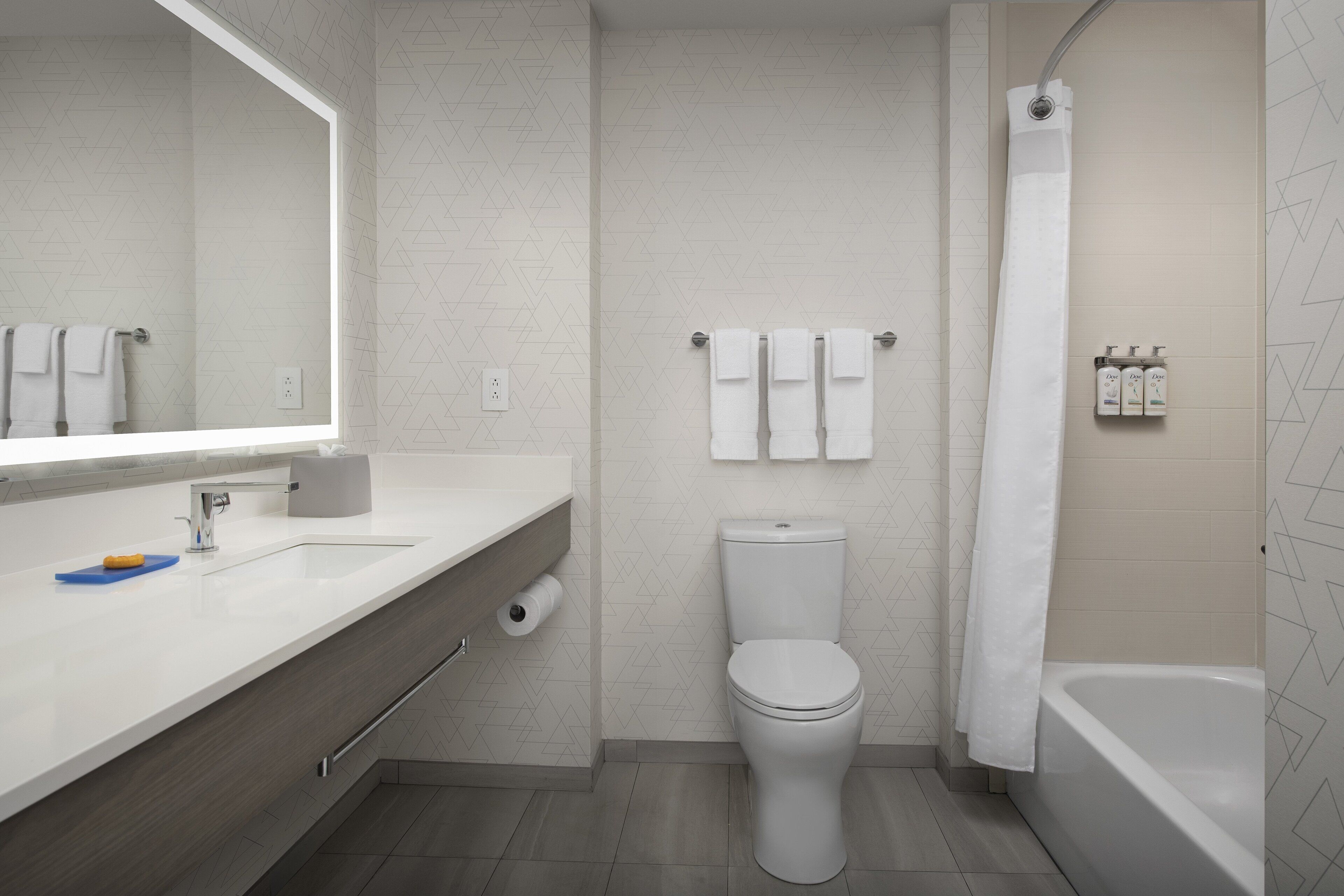 combined shower/bathtub, free toiletries, hair dryer, towels