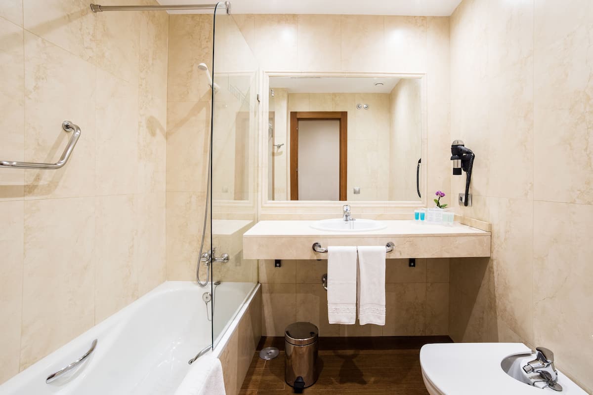 combined shower/bathtub, free toiletries, hair dryer