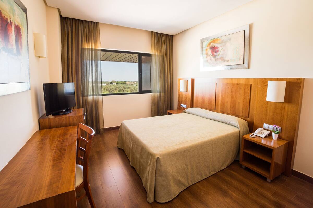 Habitación de hotel con cama, escritorio con televisor, mesita de noche con lámpara y ventana con cortinas.