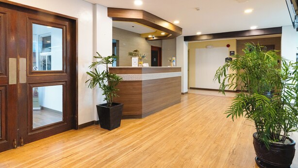 Un área de recepción con un mostrador de madera, plantas en macetas y un diseño de interiores moderno.