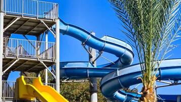 Alberca al aire libre, sombrillas en la alberca y camastros