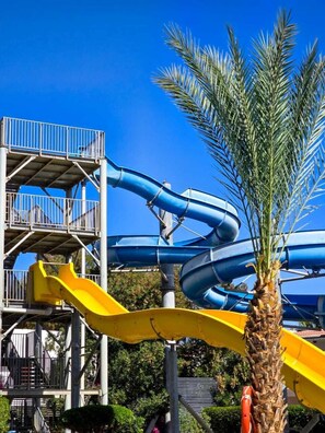 Piscine extérieure, parasols de plage, chaises longues