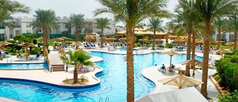 Outdoor pool, pool umbrellas, pool loungers
