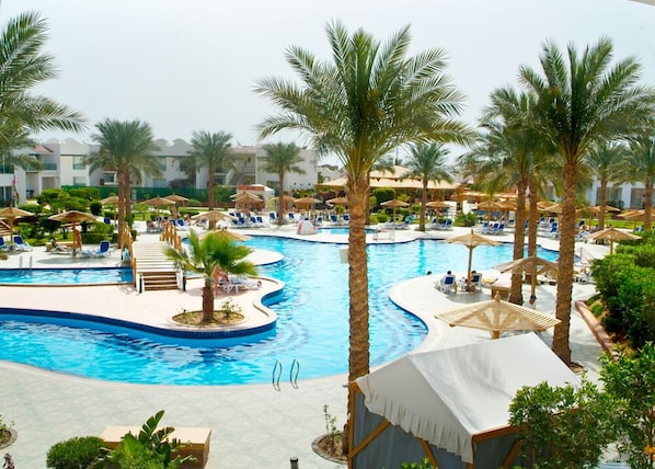 Outdoor pool, pool umbrellas, pool loungers