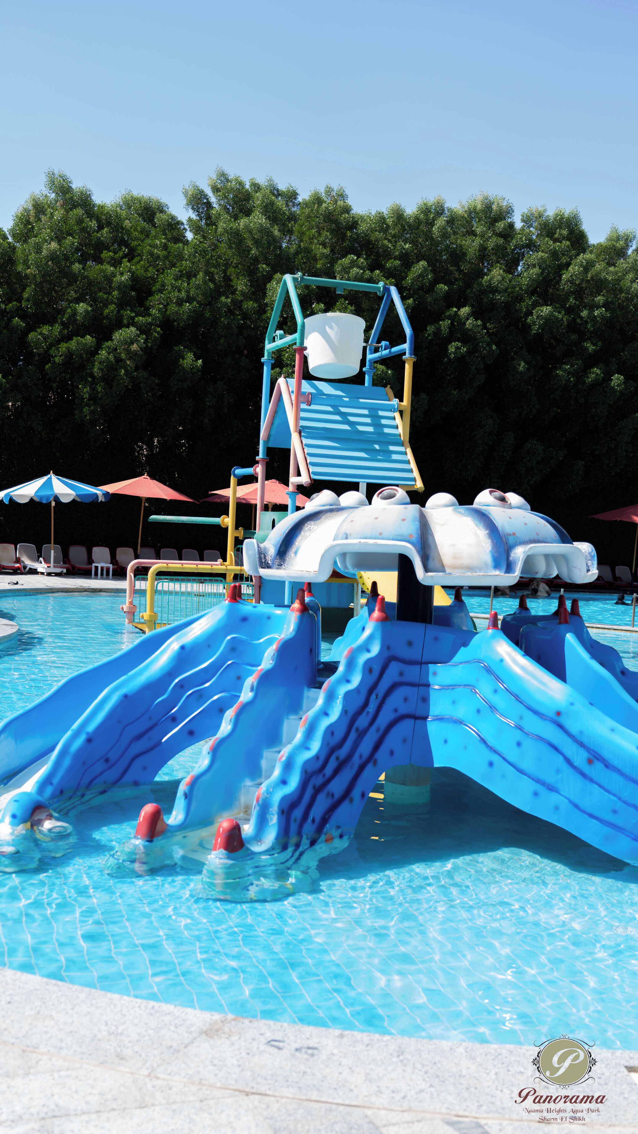 A water park with a large pool, slides, and a play structure.