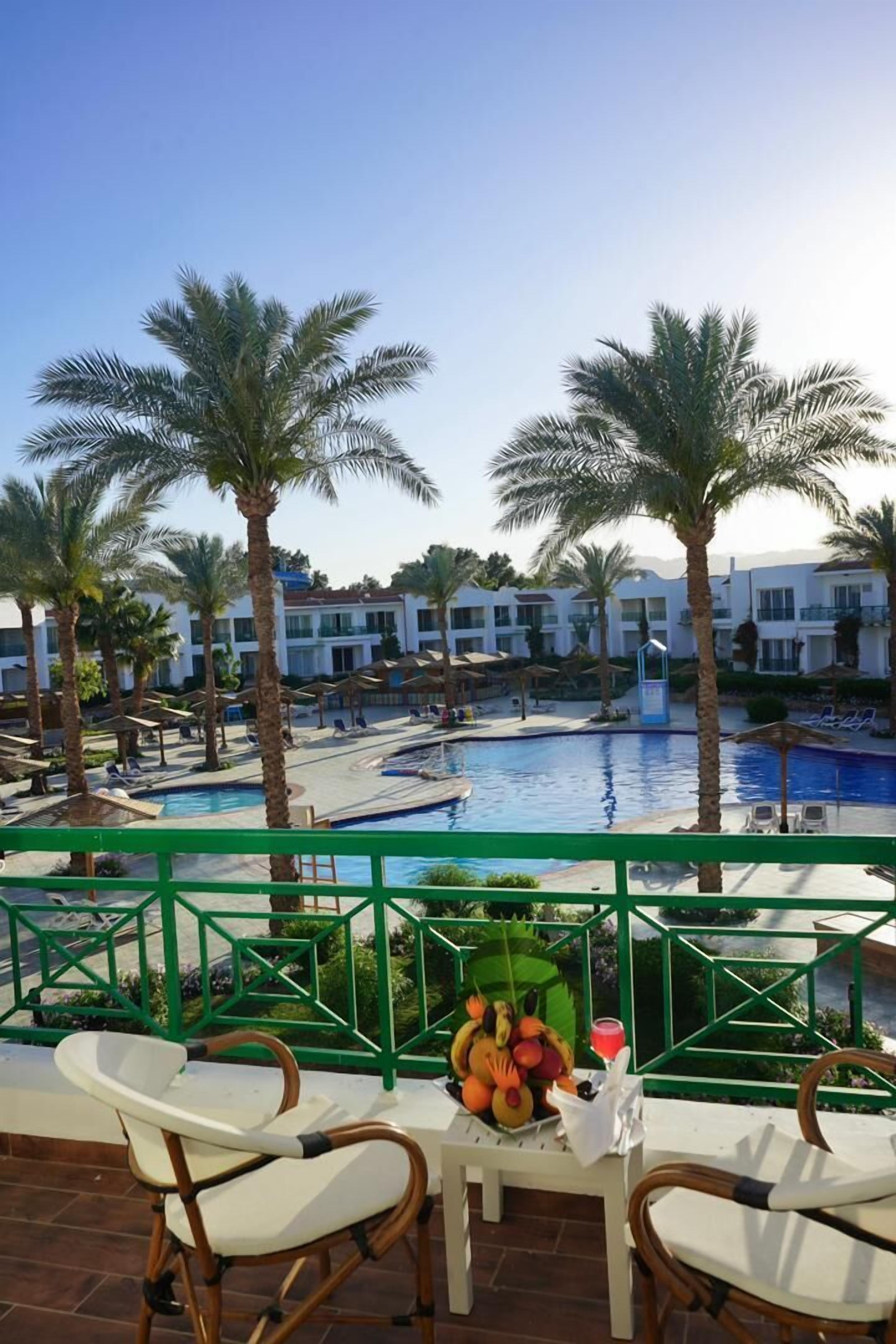 A poolside area with lounge chairs, a table with fruit, and a view of a swimming pool and hotel buildings.