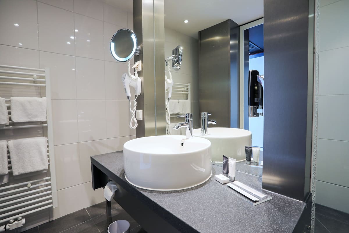 panoramic double room, 1 queen bed, non smoking, lake view (tower) | bathroom | hair dryer, towels, soap, shampoo