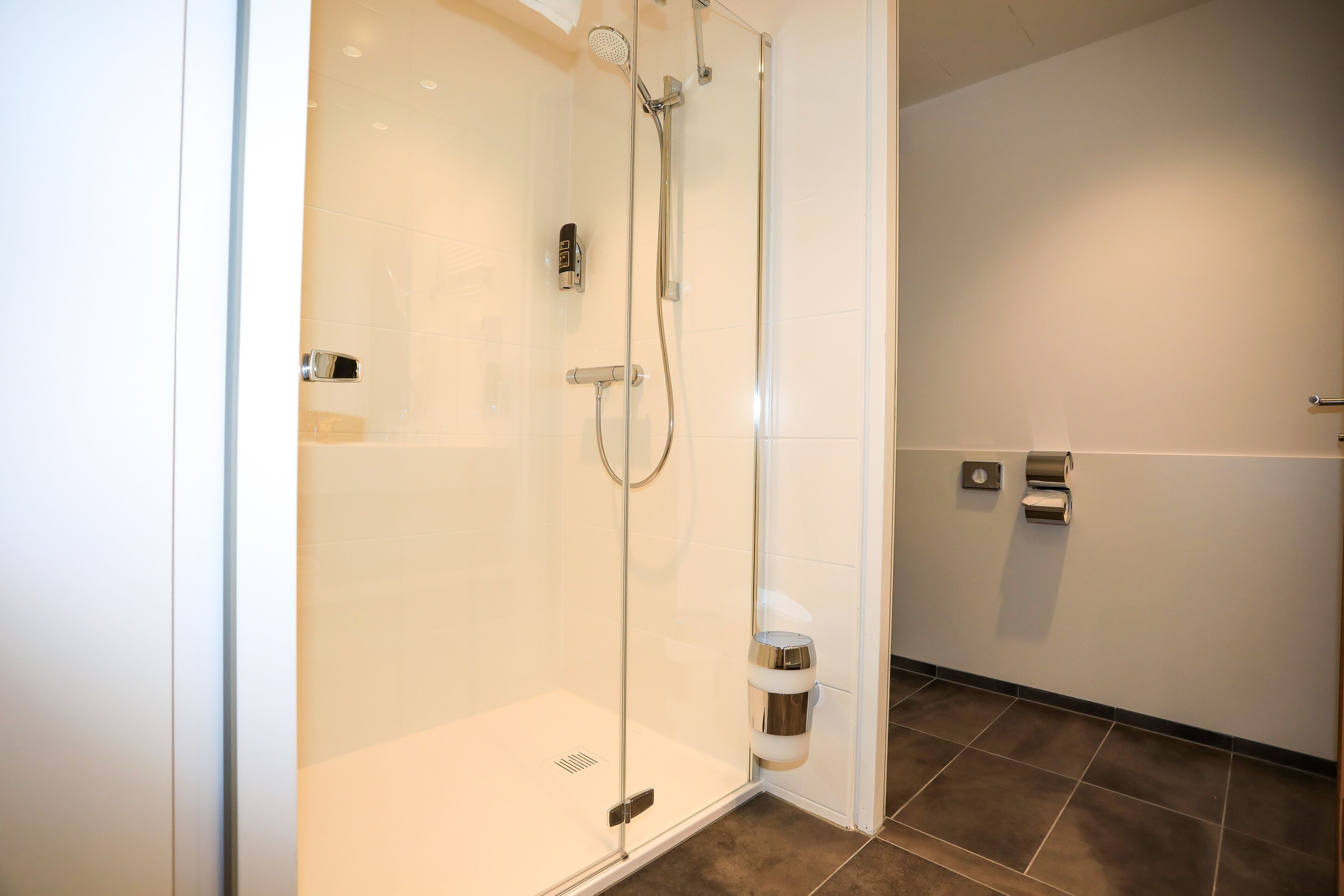 A modern bathroom with a glass-enclosed shower, a toilet, and a sink.
