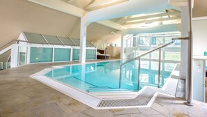 Una piscina interior con paredes de vidrio transparente, suelo de piedra y vistas al exterior a través de amplios ventanales.
