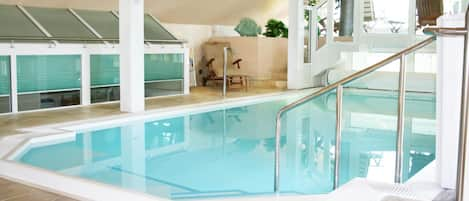 Indoor pool, open 8:00 AM to 9:00 PM, sun loungers