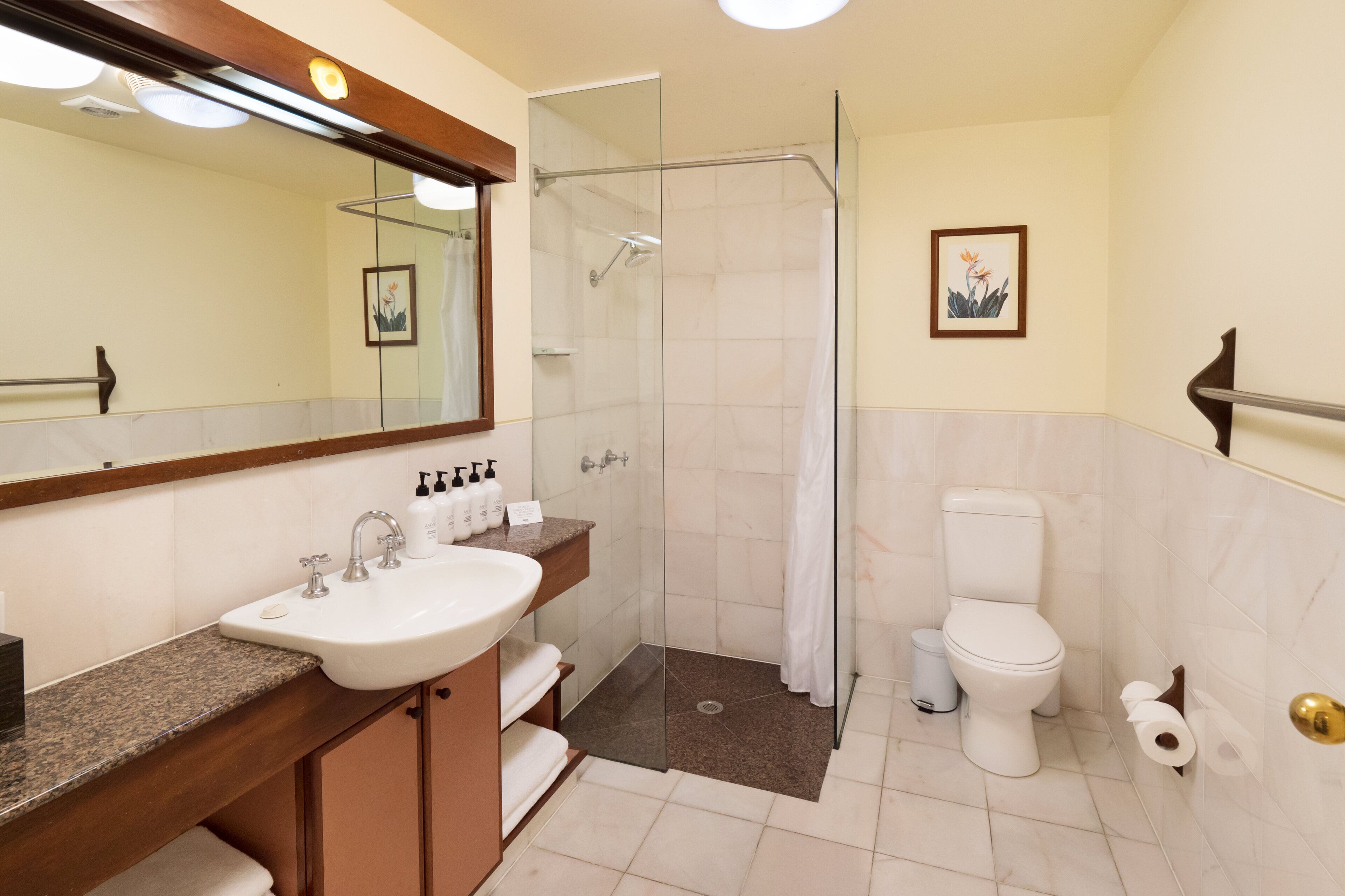 A bathroom with a glass shower enclosure, a white sink with soap dispensers, a toilet, and a framed picture on the wall.