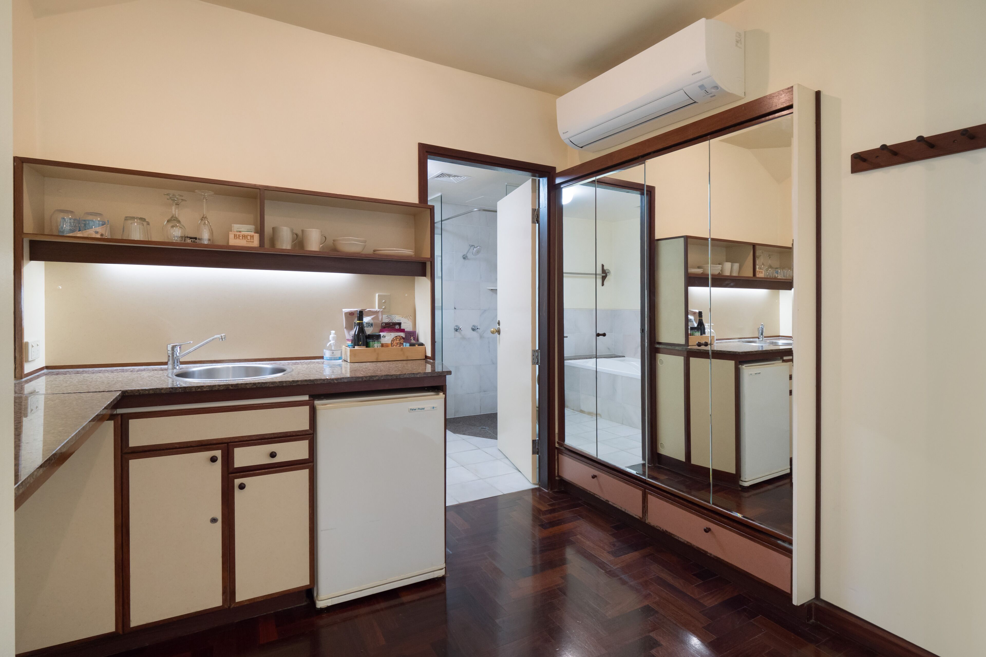 mini-fridge, electric kettle, toaster