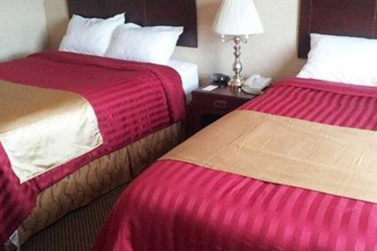 Dos camas con ropa de cama roja y beige, una mesita de noche con una lámpara y un teléfono.