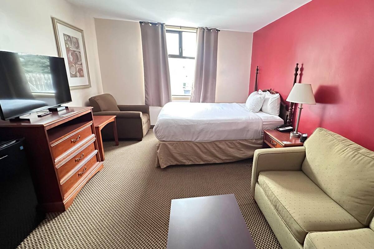Habitación de hotel con cama, televisor, escritorio, silla, sofá y lámpara.