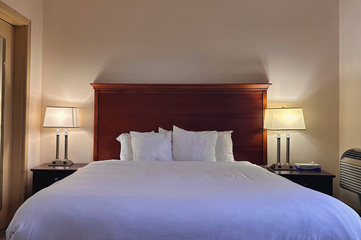 Una habitación de hotel con una cama grande, dos mesitas de noche con lámparas y un cabecero de madera.