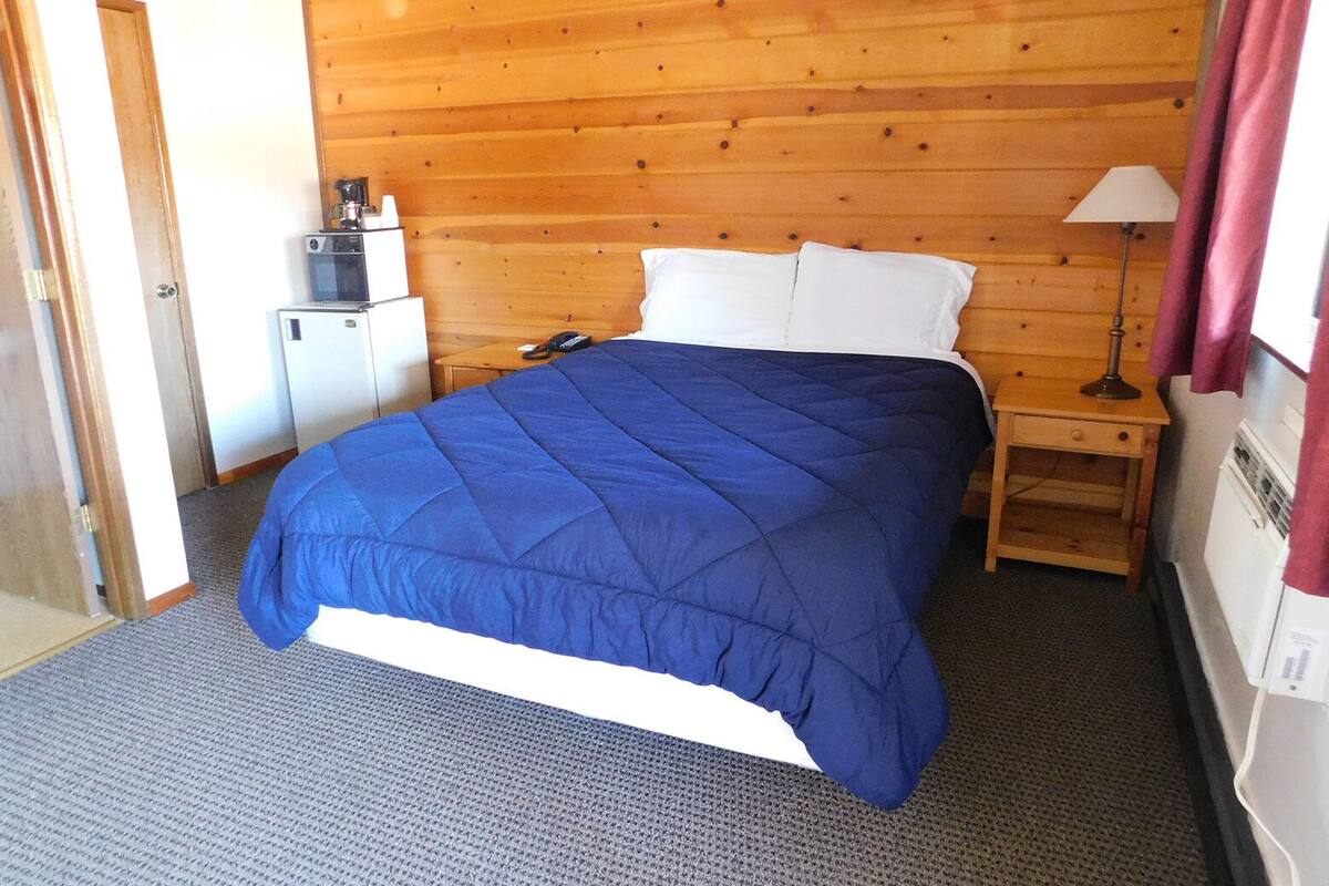 Una habitación con cama, un escritorio pequeño, una lámpara, un calefactor y una puerta.