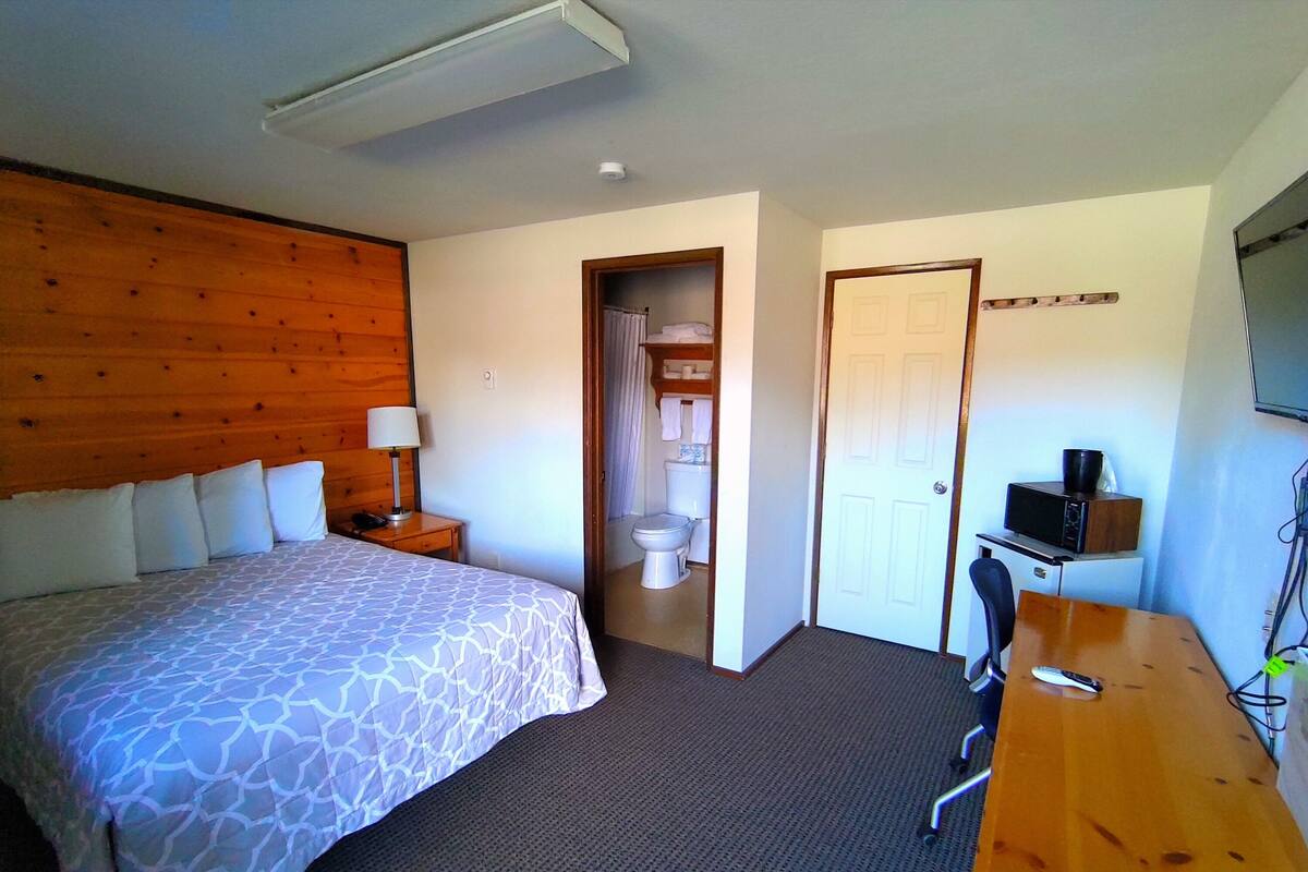 Habitación de hotel con cama, escritorio, silla, televisión, baño y puerta.