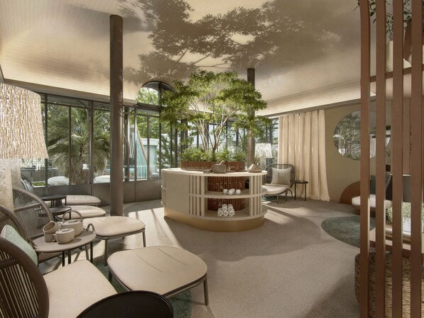 Un interior moderno con una estructura central de madera, zona de estar y ventanas amplias.