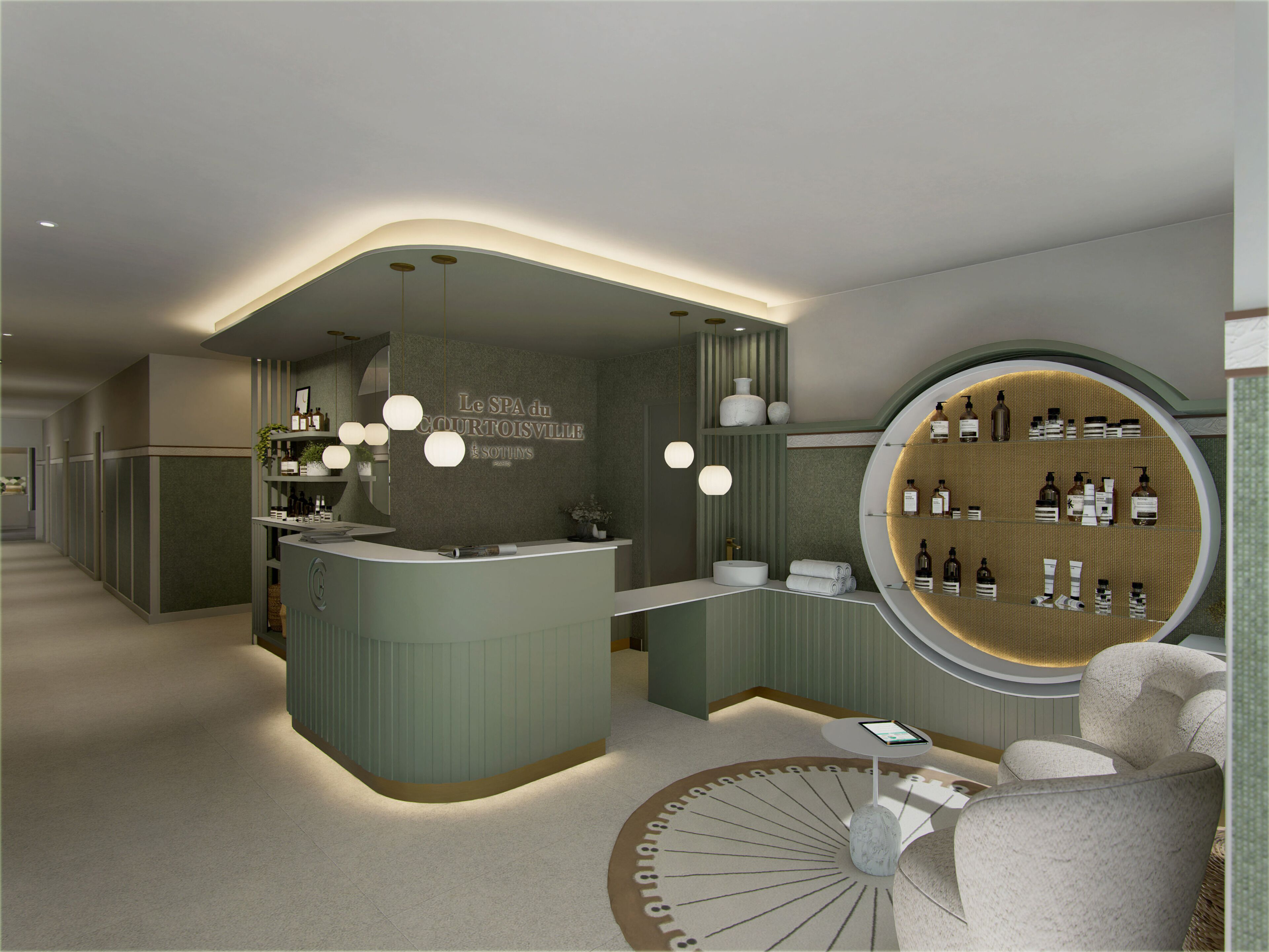 Un espace d’accueil moderne pour un spa, avec un comptoir incurvé, des luminaires suspendus et un présentoir de produits de spa.