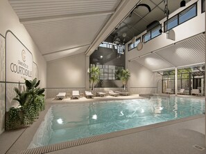 Indoor pool, open 8:00 AM to 8:00 PM, pool loungers