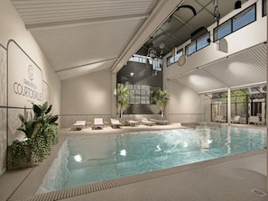 Indoor pool, open 8:00 AM to 8:00 PM, pool loungers