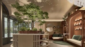 A modern interior with a central tree, a sofa, a coffee table, and a bookshelf. - Grand Hôtel de Courtoisville (Saint-Malo)
