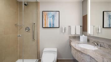 Une salle de bain moderne avec une douche à l’italienne en verre, des toilettes blanches, un lavabo en granit et deux œuvres d’art encadrées accrochées au mur.