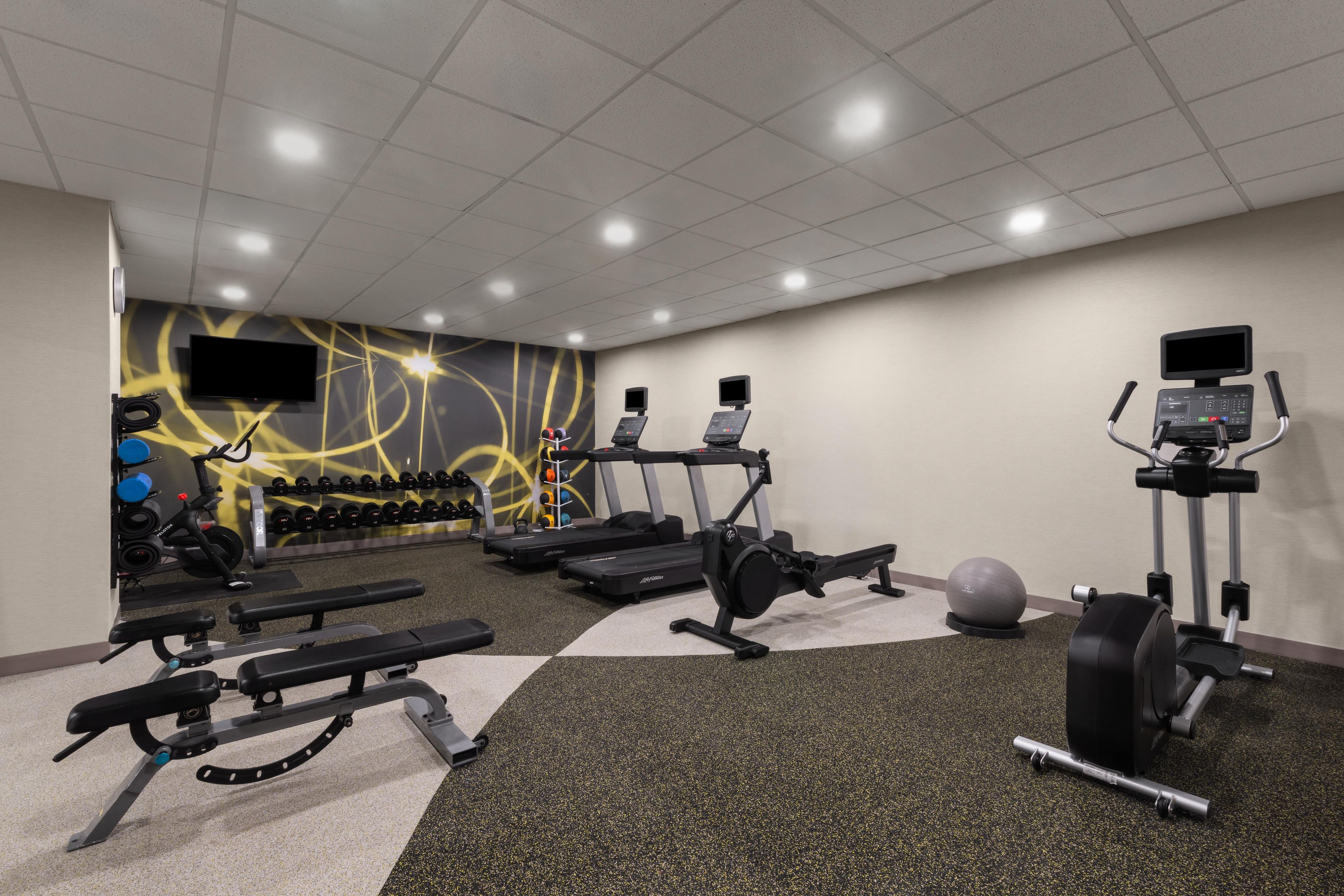 A gym with treadmills, elliptical machines, a bench press, and free weights.